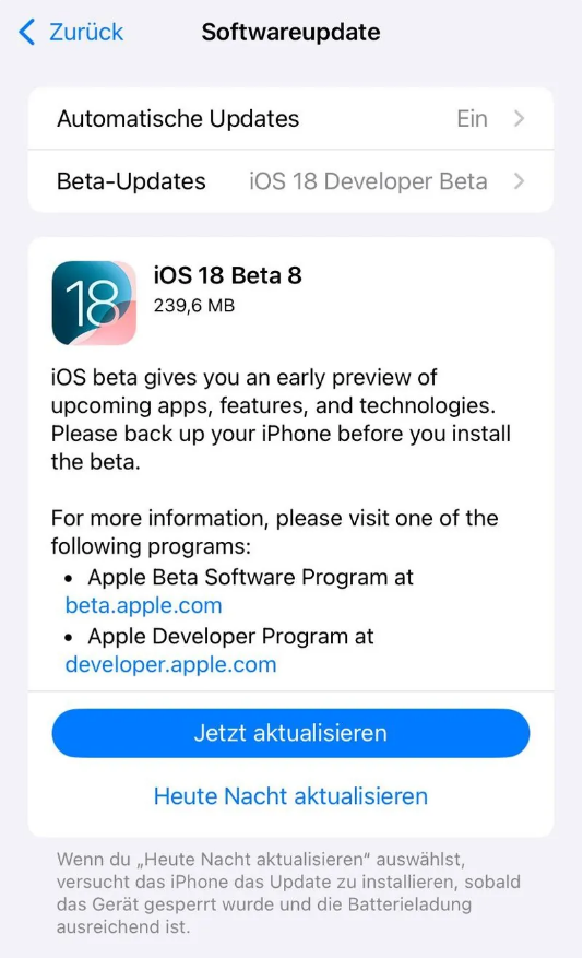 普兰苹果手机维修分享苹果 iOS / iPadOS 18 开发者预览版 Beta 8 发布 